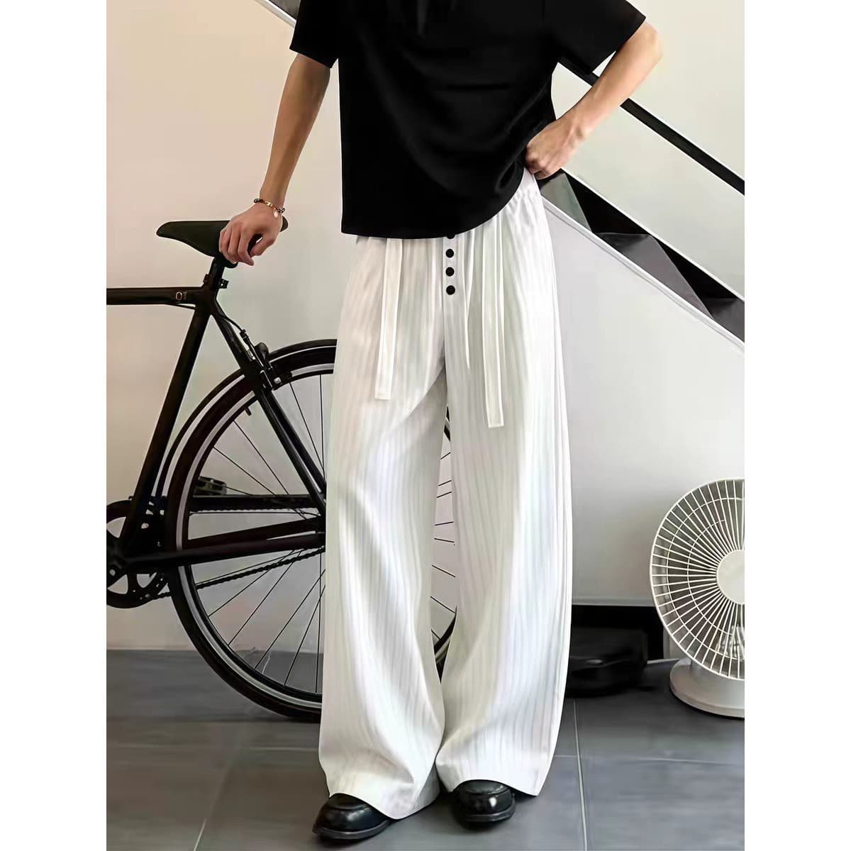 White Ice Silk Striped Suit Pants Men's Summer Thin Cool Draping Wide Leg Pants Relaxed Casual Straight Pants