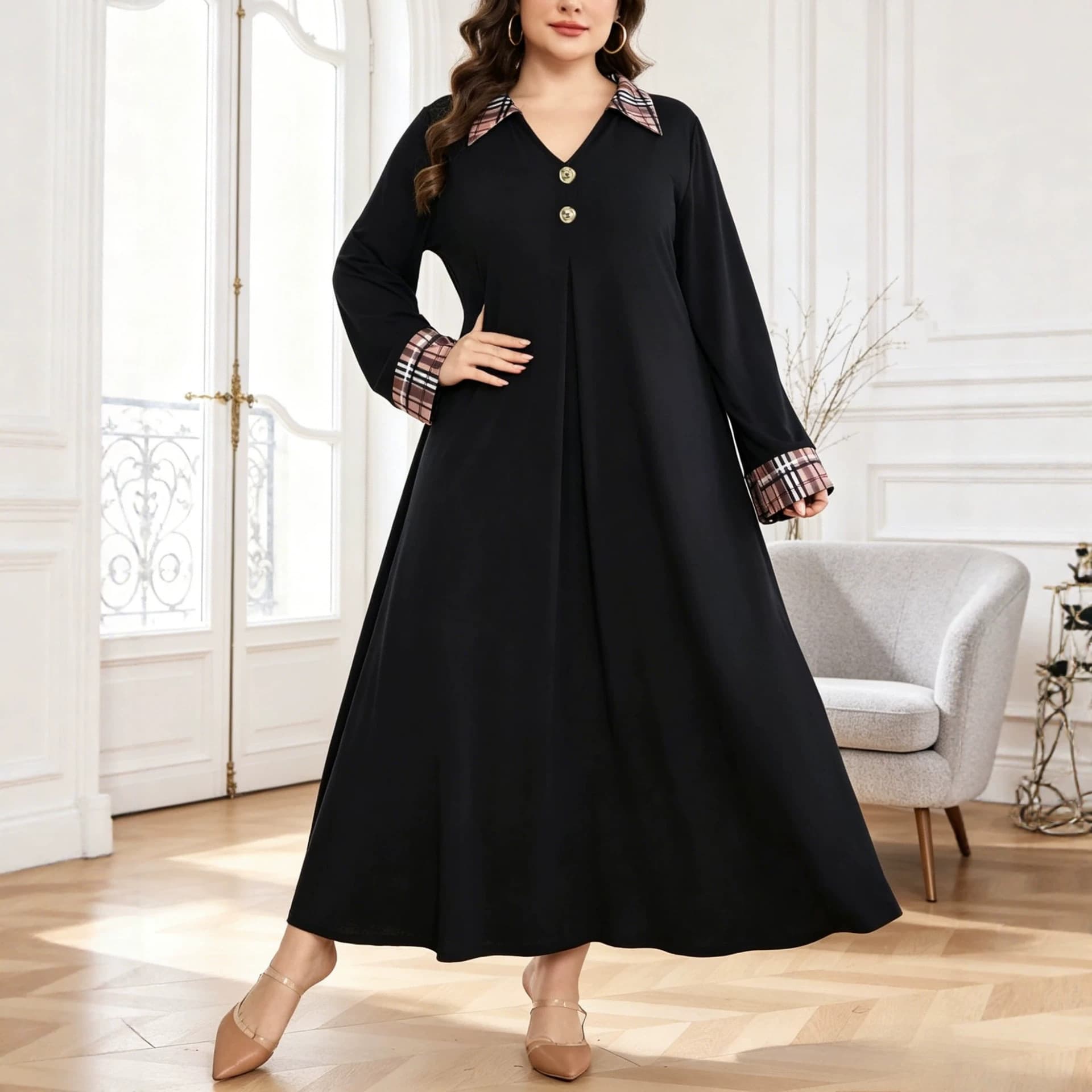 Cross-border Plus Size Women's Plaid Patchwork V-Neck Dress Loose Fit Slimming Cover Long Robe Women's Clothing Wholesale