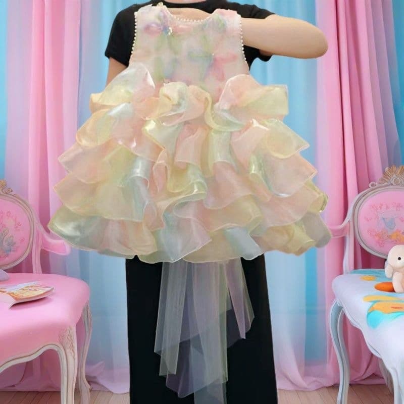 Princess Dress for Girls 2026 New Colorful Cake Summer Dress Premium Rainbow Baby Children Birthday Gown