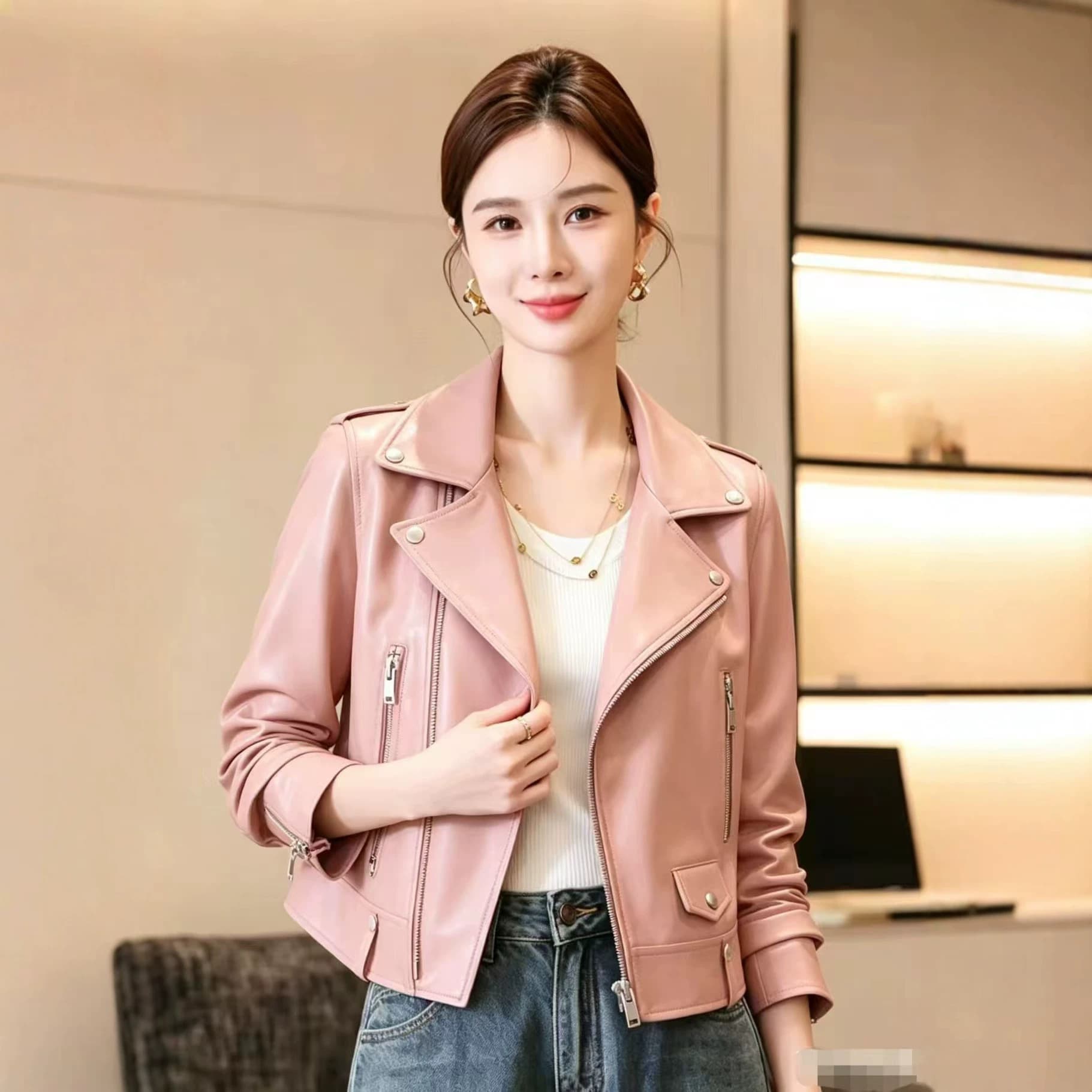 Women's Biker Style Short Leather Jacket Spring Collection Slim Fit Turn-down Collar Padded Sleeves Fresh Sweet Style Fashionable Outerwear