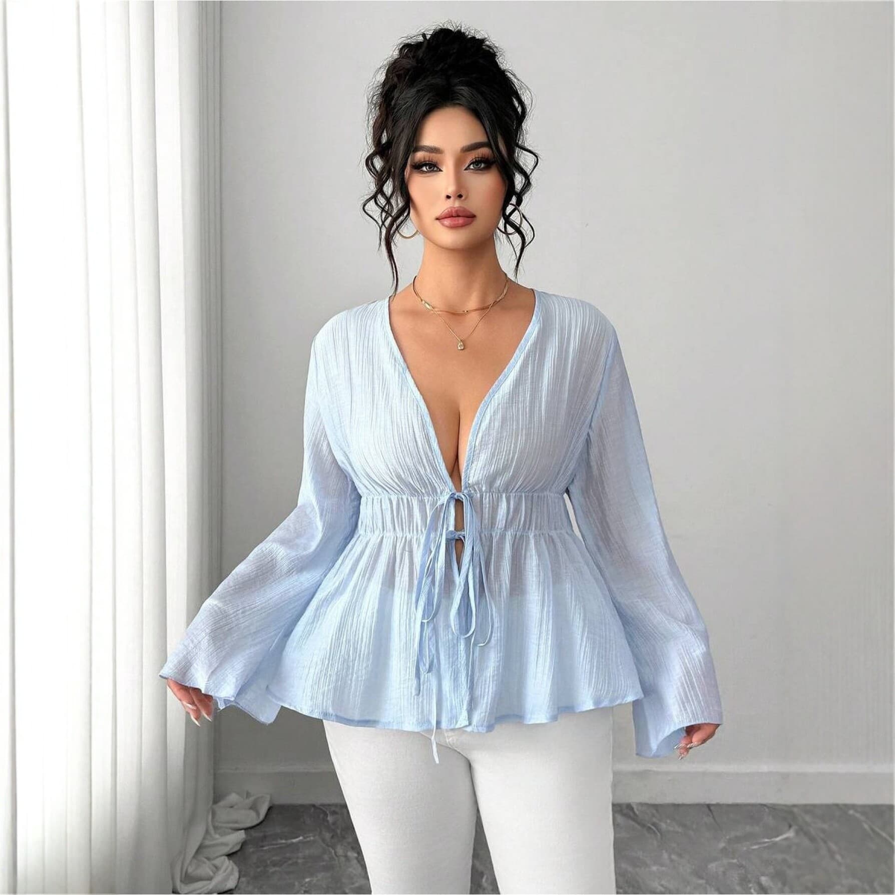 Plus Size Women's Clothing, Elegant Smooth Fabric, Light Blue, Long Sleeve Flared Sleeve Design