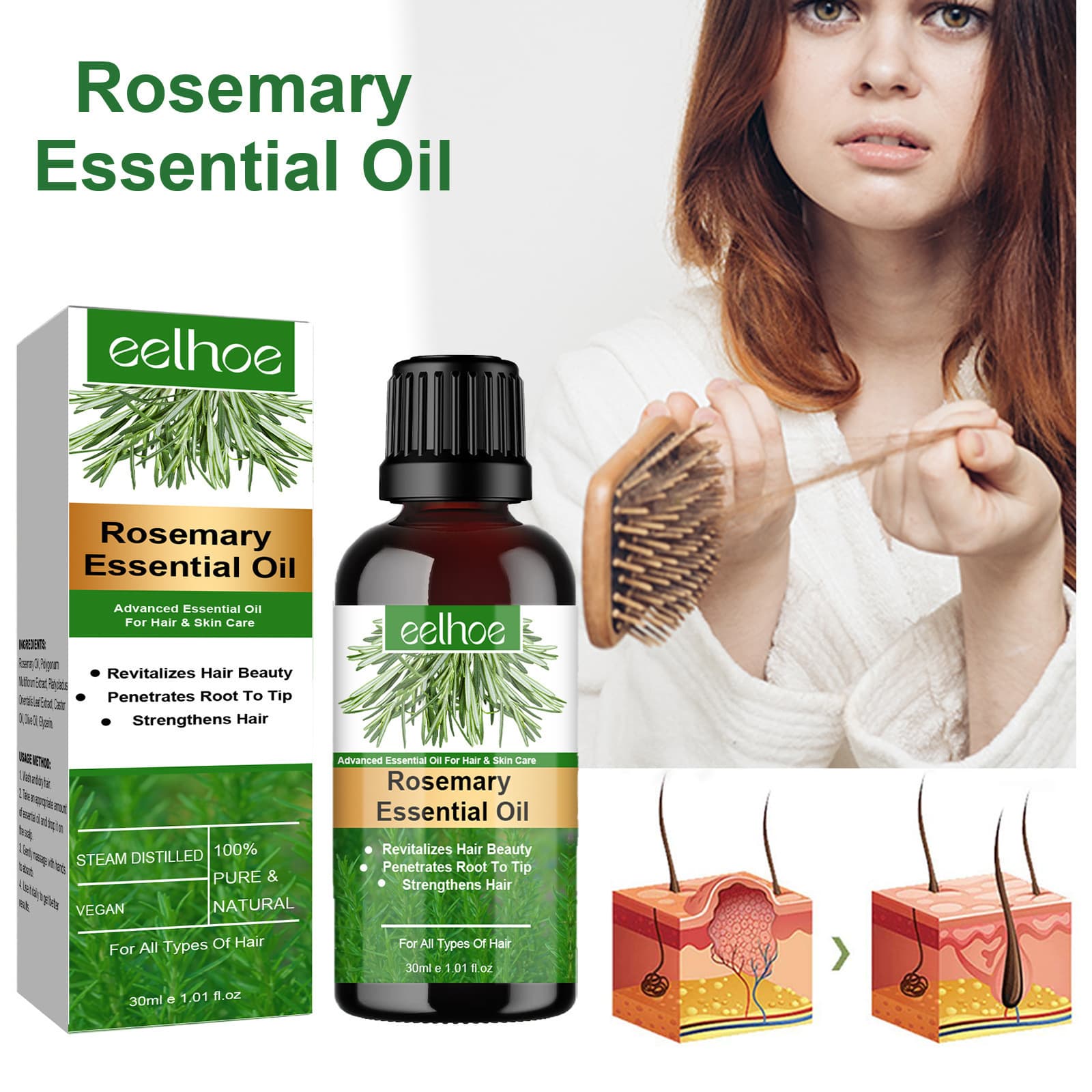 EELHOE Rosemary Essential Oil - Anti-Hair Loss, Refreshing Nourishment, Smooth and Thick Hair, Scalp Care Oil