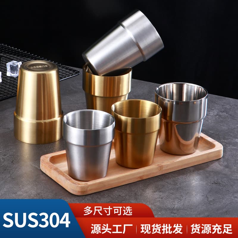 304 Stainless Steel Double-Layer Gold Cup, Korean BBQ Restaurant Beer Cup, Tea Cup, Beverage Cup, Food Service Cup