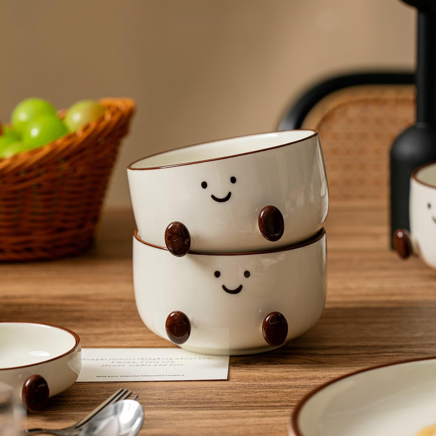 Cartoon Cocoa Bean Series Ceramic Tableware Home Bowl and Plate Set Ceramic Bowl Instant Noodle Bowl Salad Bowl Dinner Plate Round Plate