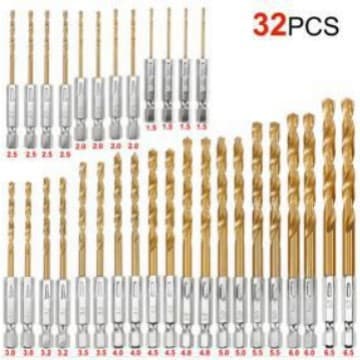 Cross-border 32pc Hex Shank Twist Drill Bits High Speed Steel Electric Drill for Wood Plastic Titanium Coated Twist Drill