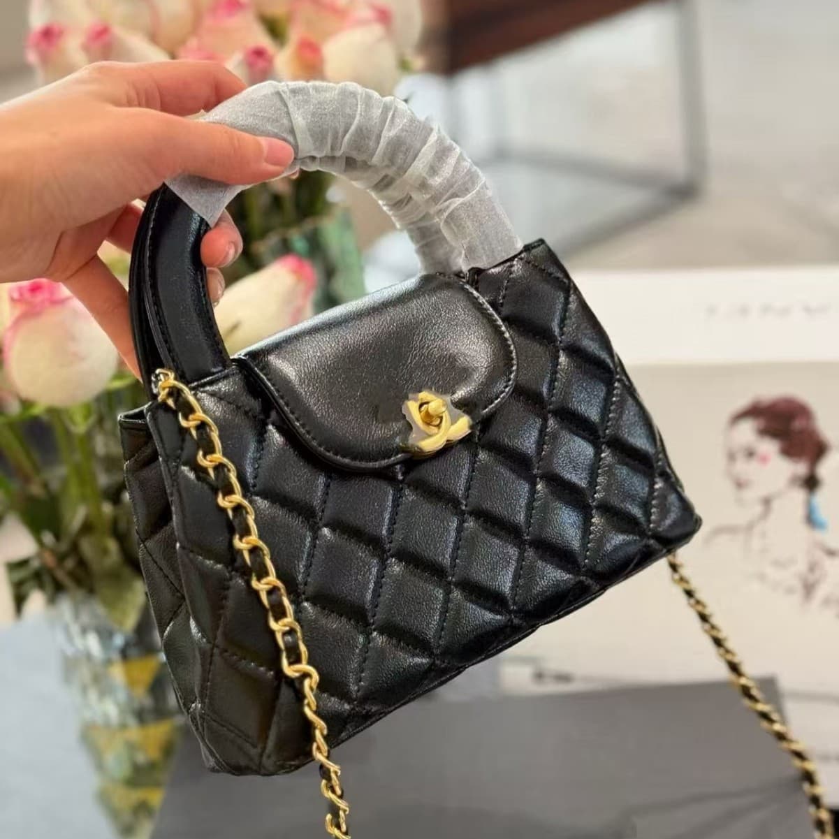Women's Handbag in Chanel Style, 2025 New Model, Leather Bag, Hobo Shoulder Bag, Chain Quilted Handle, Crossbody High-End Bag