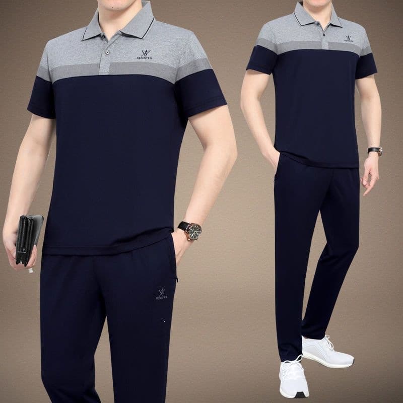 Summer Sports Suit for Middle-Aged and Elderly Men, Large Size Cotton Short-Sleeved Long Pants, Sports Casual Dad Outfit, Color-Blocked Casual Wear