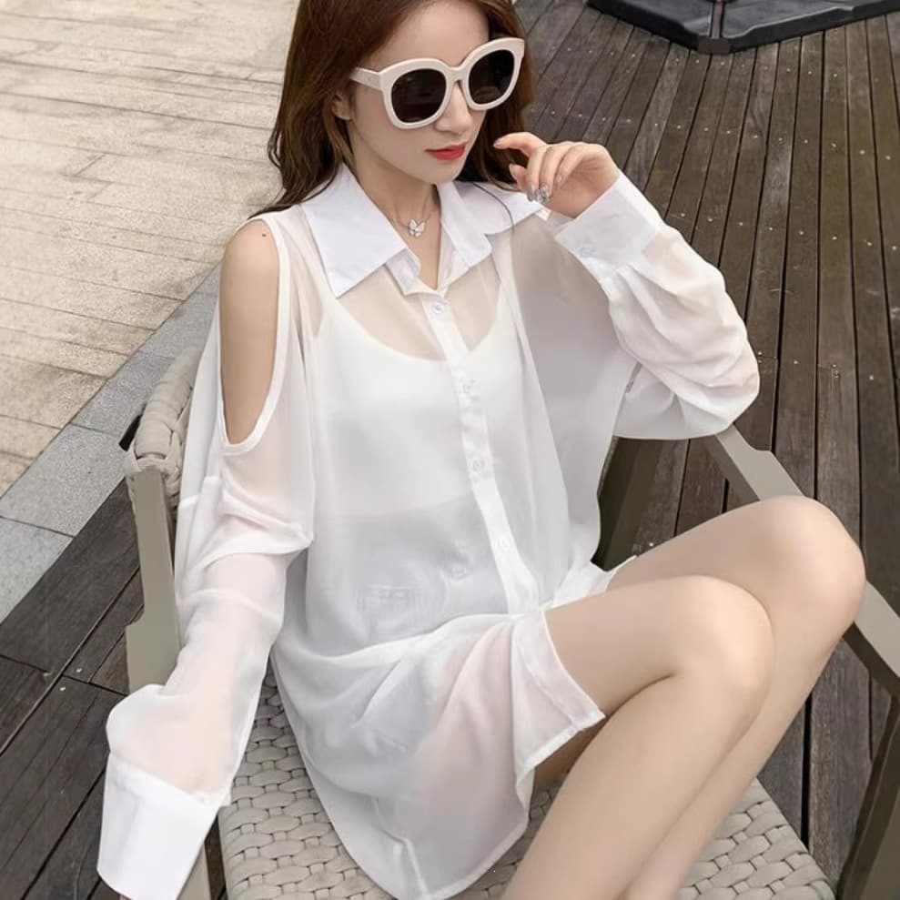 Solid Color Off-Shoulder Shirt for Women 2026 Summer New Style Stylish Sun Protection Air Conditioning Shirt for Women Trendy