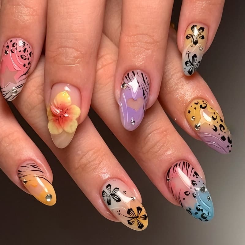 Cross-border Bestseller 3D Press-On Nails Almond Shape Summer Flower Nail Tips Hot Beach Almond Nails