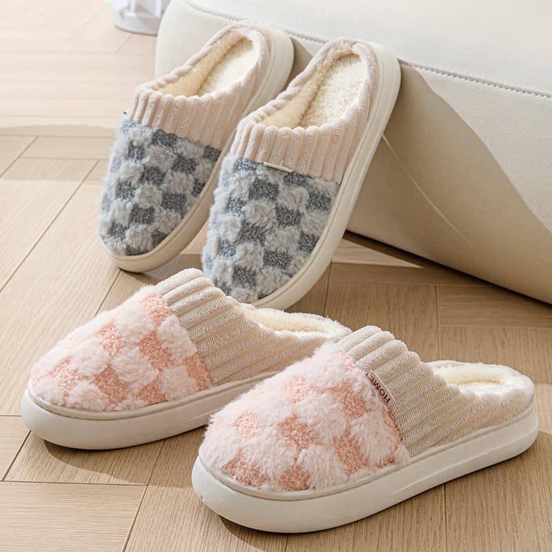 Thickened Warm Cotton Slippers For Women Winter Color Block Home Use Indoor Anti-slip Fuzzy Cotton Slippers For Couples