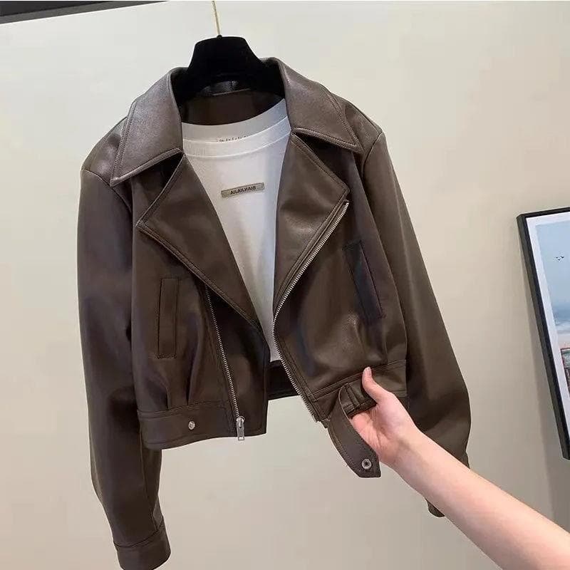 European PU Leather Jacket for Women 2023 Autumn Winter New Style Elegant Turn-down Collar Petite Warm Korean Versatile Casual Coat