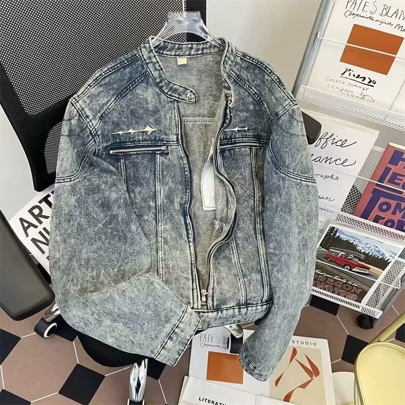 American Street Denim Jacket for Men Spring/Autumn Vibe Trendy Washed Loose Design Cool Motorcycle Jacket