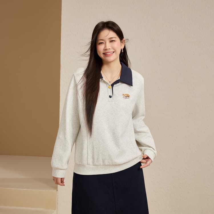 【Fashionable Color Block Collar Sweatshirt】Slim & Beautiful Plus Size Women's Korean Style Age-Defying Top for Curvy Women, 2025 Winter New Arrival