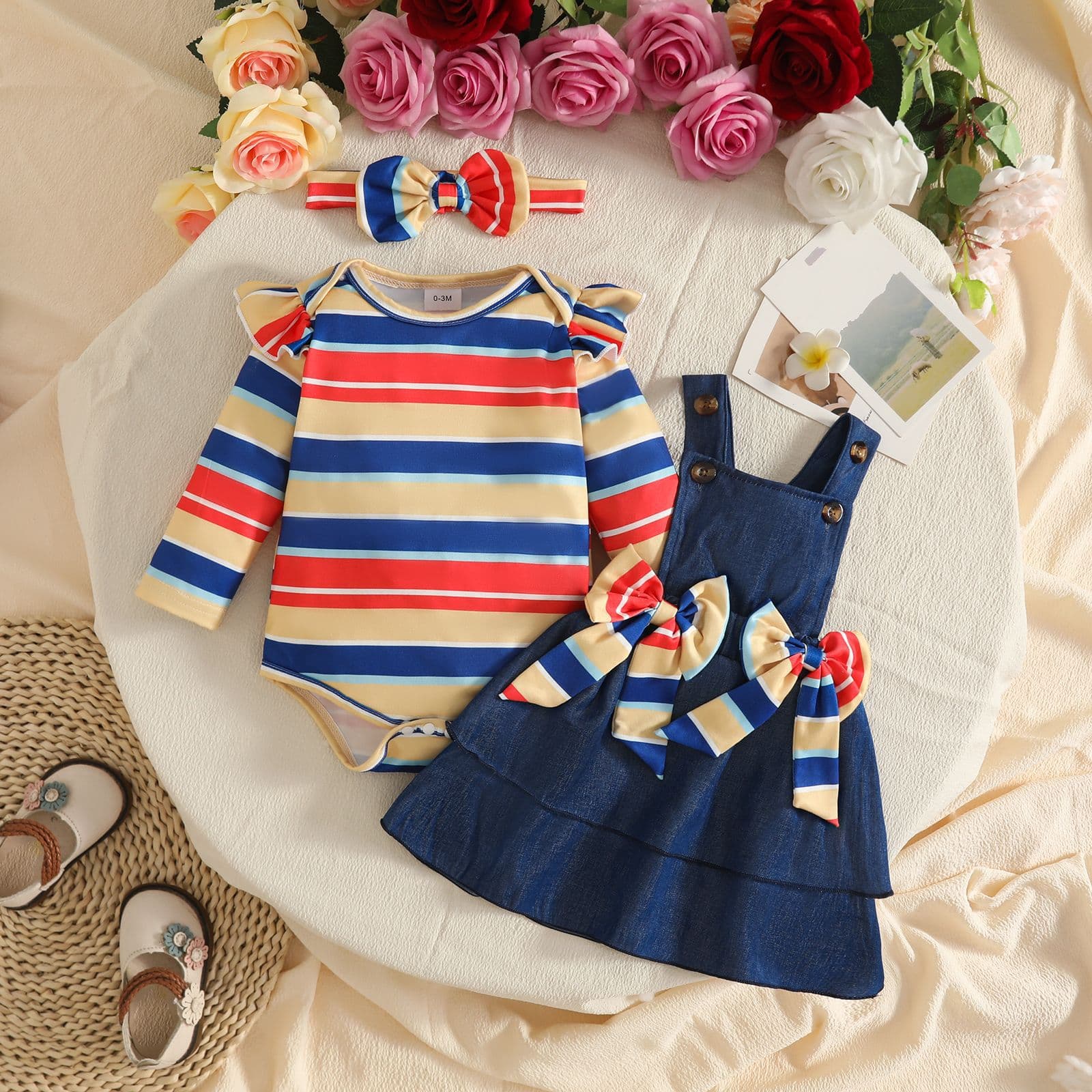 Amazon Baby Girl Striped Long Sleeve Top + Suspender Double Layer Skirt + Headband Three-Piece Set European and American Autumn Skirt Set