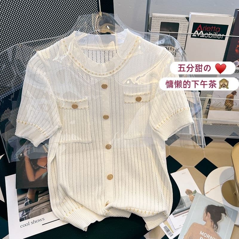 WZXSK Ice Silk Knit Top Women Short Sleeve 2026 Summer New Small Fragrance Style White T-Shirt Women Fashion Versatile Top