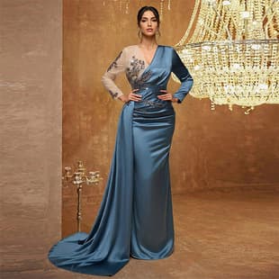 KY2537 Women's V-Neck Mesh Applique Elegant Long-Sleeve Soft Dress with Design Detail