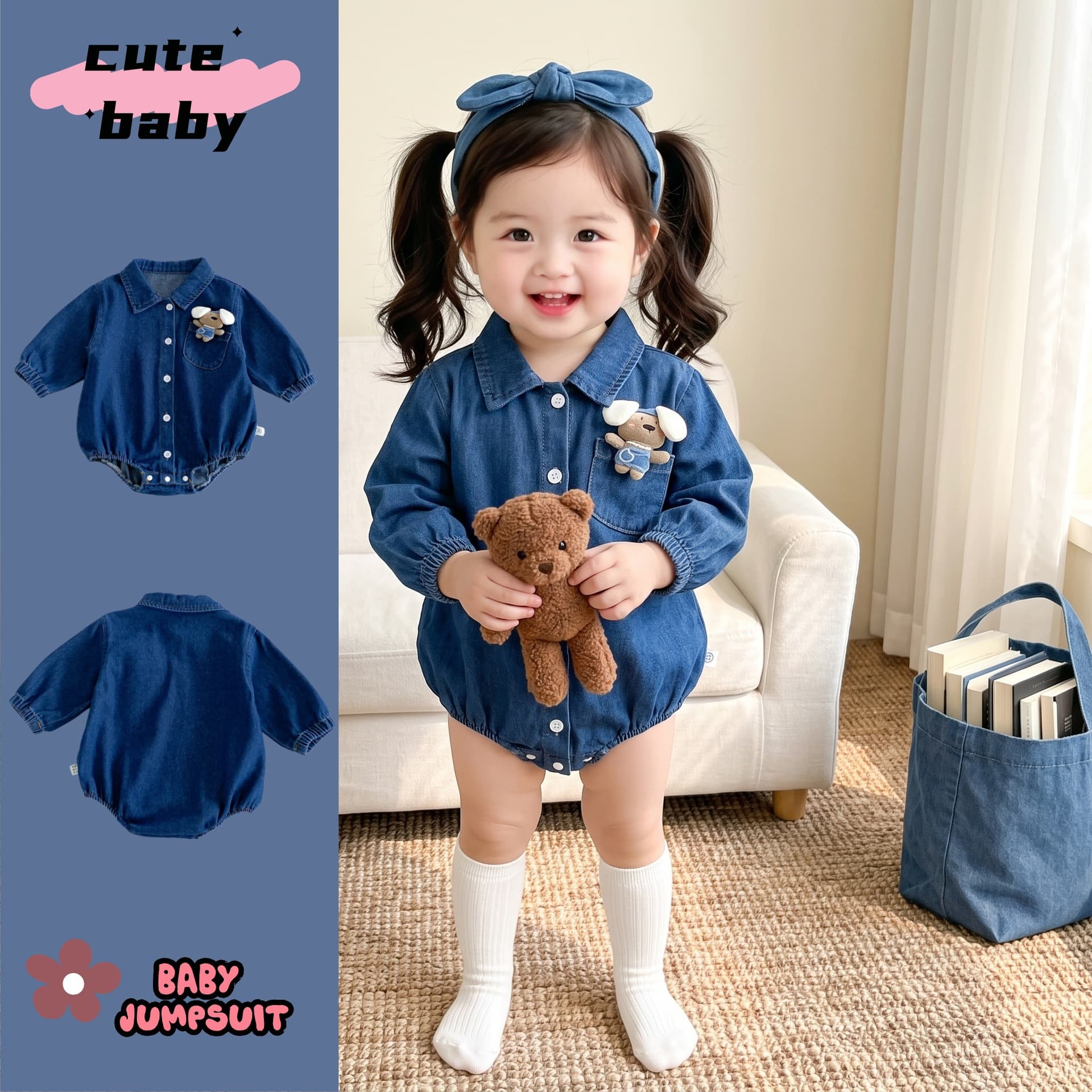 Baby Romper Spring Autumn 2026 New Style Boys Girls Denim Crawling Suit Long Sleeve Cute Triangle Bodysuit Wrap Pants