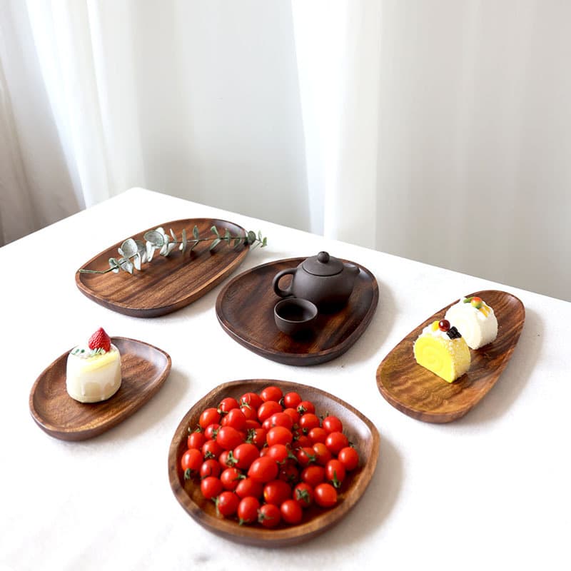 Factory Wholesale Solid Wood Plate Japanese Irregular Shape Acacia Wood Tea Plate Dessert Plate Wooden Fruit Tray