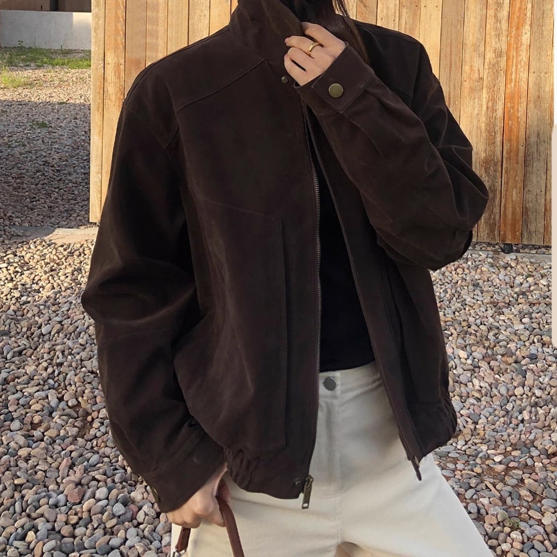 2025 French Chic Solid Color Loose Zip-Up Casual Jacket Vintage Distressed Suede-Like Lapel Leather Jacket for Women