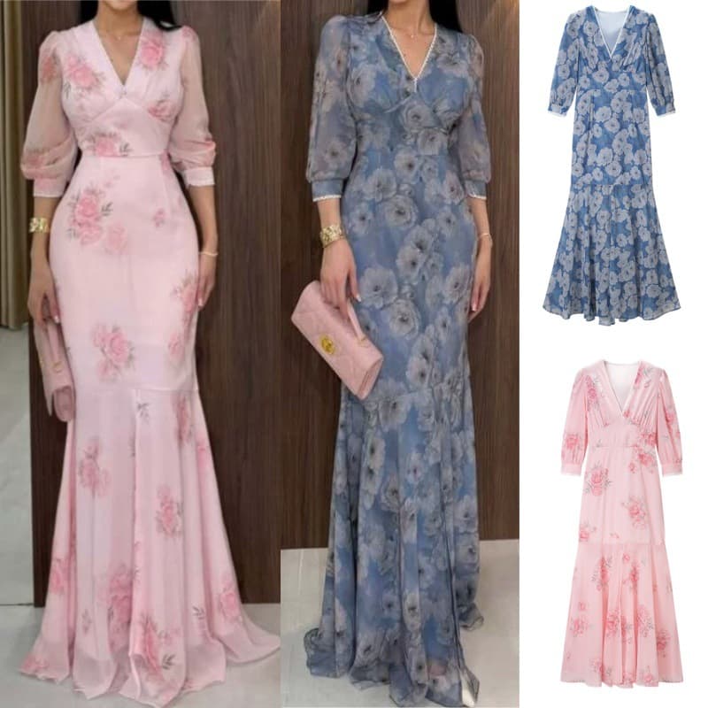 Wholesale European and American French Gentle Elegant Romantic Holiday Style Printed V-Neck Slim Long Dress with Slit
