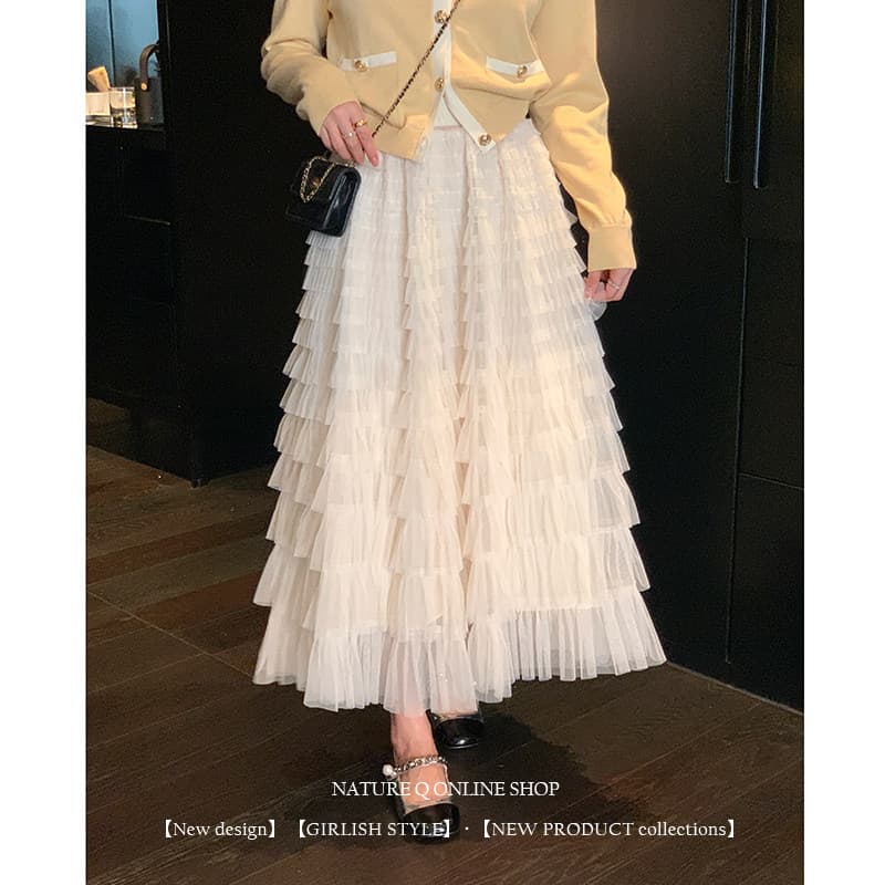 Yang Xiaojuan French Layered Cake Mesh Half Skirt Women Long Skirt Autumn Elastic Waist A-line Skirt Black and White Two Colors