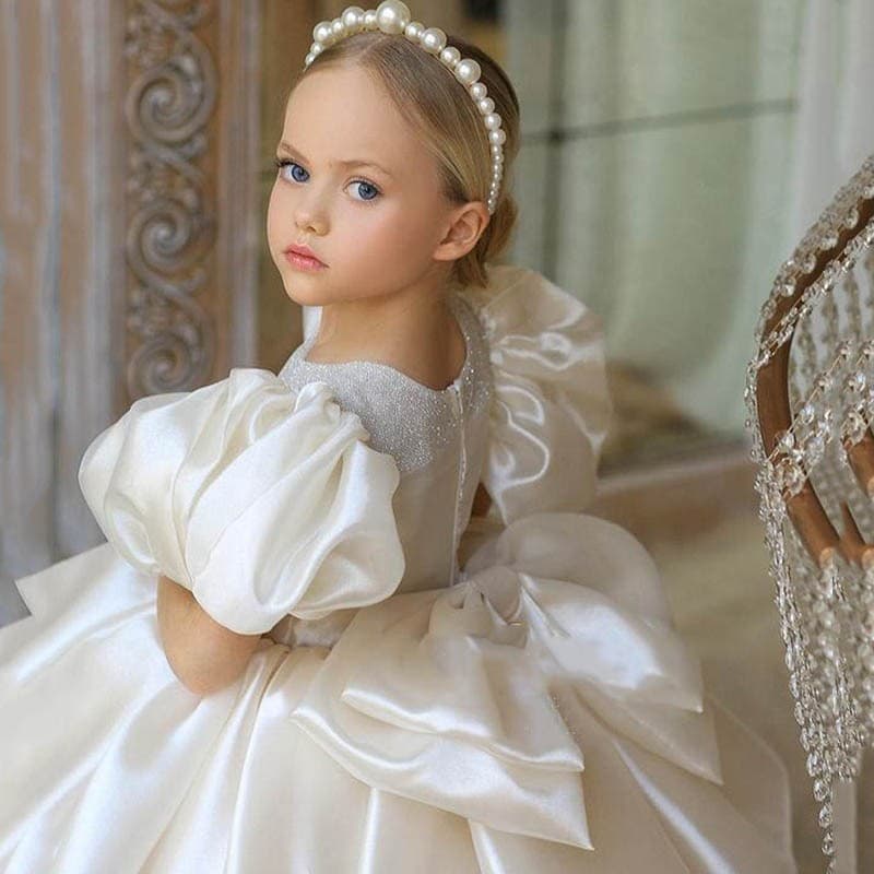 Princess Dress for Girls Luxury Gown White Satin Flower Girl Host Wedding Dress Runway Birthday Little Girl Evening Dress