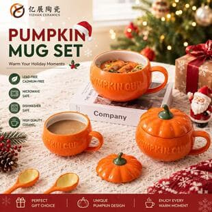 Export Ceramic Pumpkin Mug with Lid, Milk Oatmeal Breakfast Cup, High-Design Instant Noodle Steamed Egg Bowl
