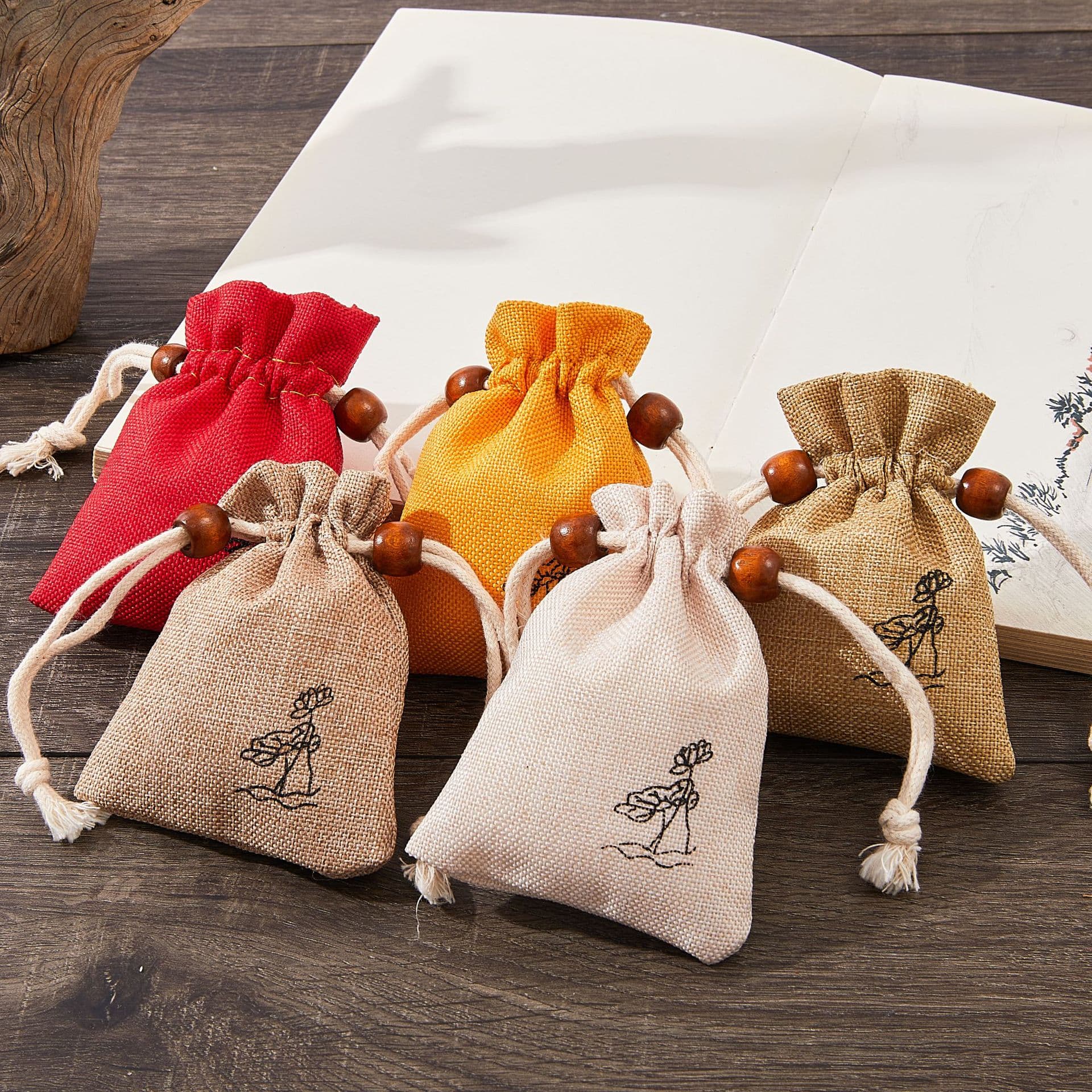 Dragon Boat Festival Sachet Cloth Bag Empty Bag Hemp-like Herbal Pouch Printed Lotus Drawstring Bag Custom Logo
