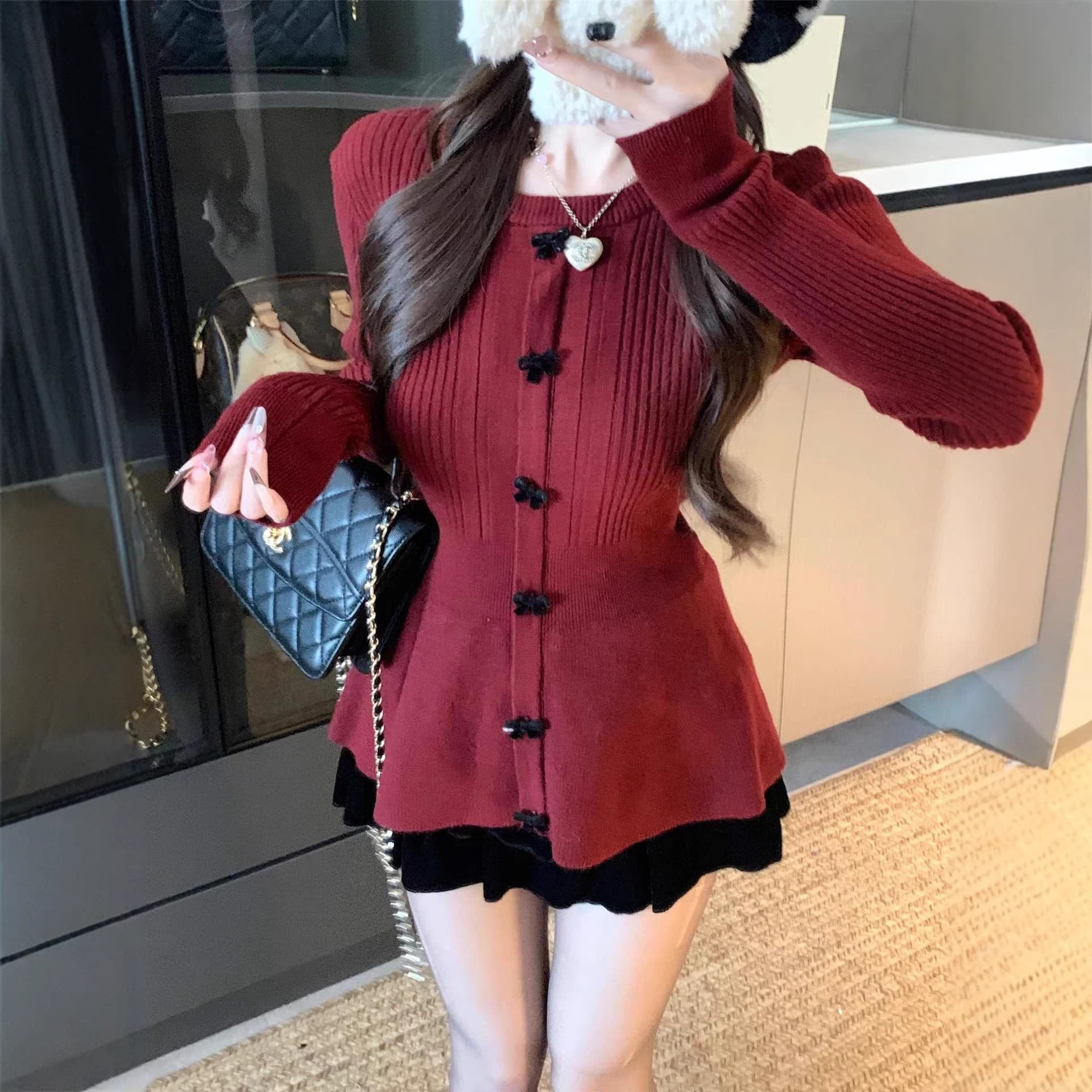 Bow-knit Apricot Round Neck Long-Sleeve Knit Top for Women Winter Slimming Waist Sweater Gentle Style Fitted Base Layer