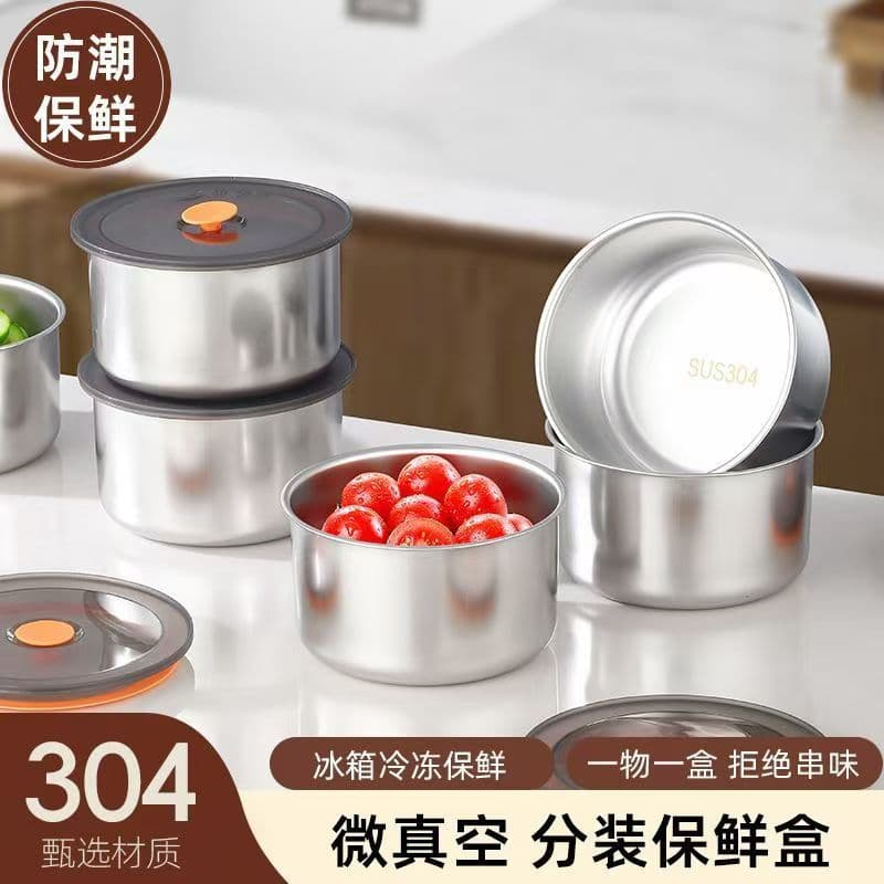 Stainless Steel Sealed Box with Lid Kitchen Fruit Storage Container Freshness Preservation round Shape Non-Electric Adult Use