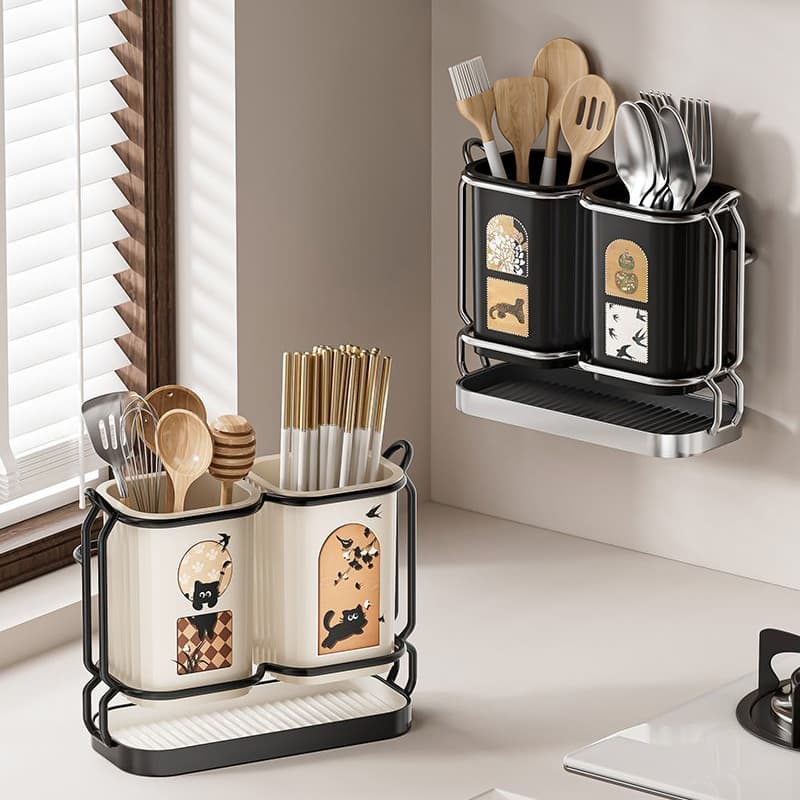 Kitchen Countertop Chopstick Container with Utensil Drainage: Wall-mounted No-drill Storage Basket