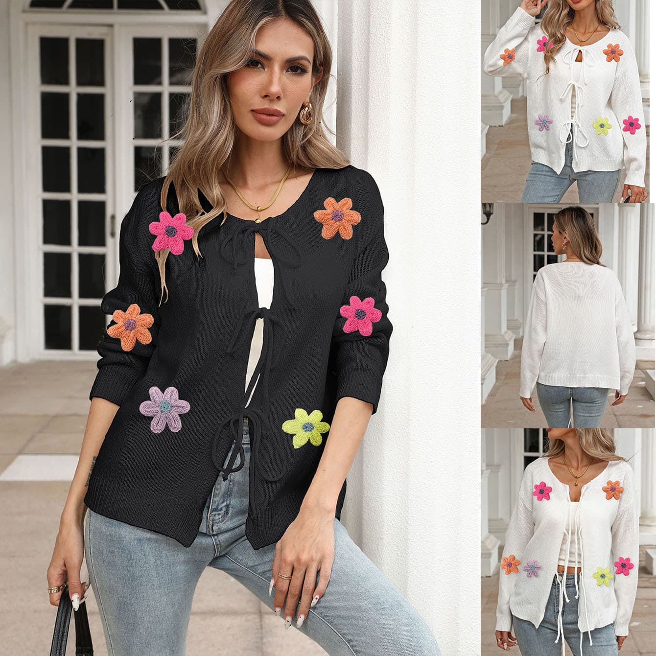 Cross-Border European and American Women's Fashion Autumn Winter New Bow Tie Wool Embroidered Flower Patchwork Cardigan Coat