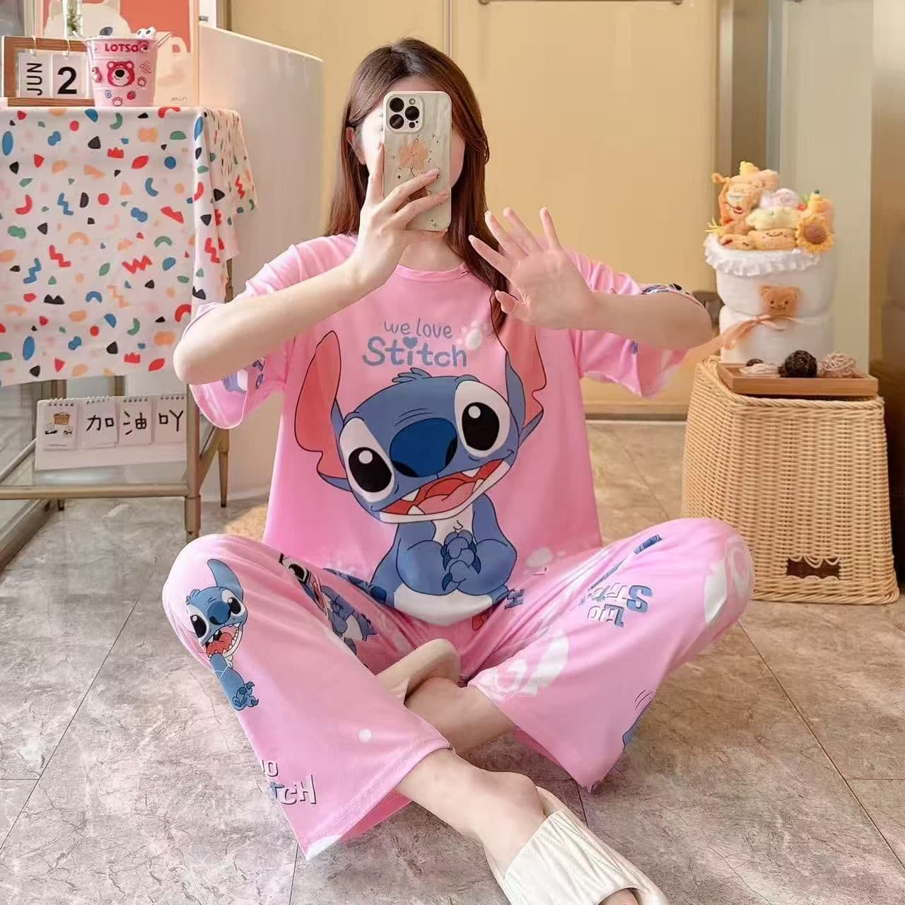 Summer Women's Short Sleeve Cartoon Pants Two-Piece Set Cotton-Like Milk Silk Stitch Loungewear Set Packaged for Cross-Border