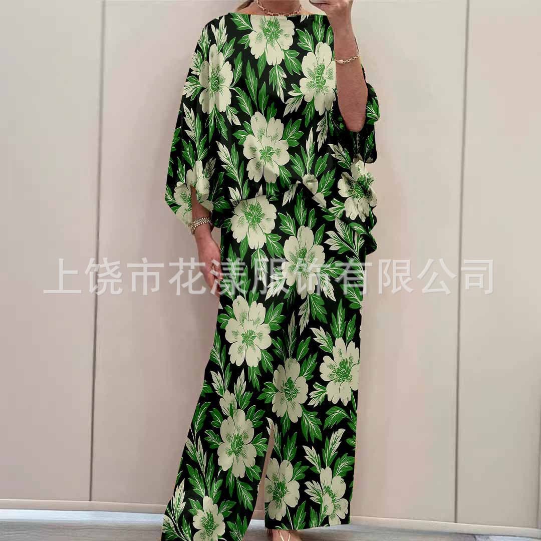 2025 New Summer-Fall Collection, Independent Site Urban Elegance Milk Silk One-Shoulder Loose Printed Batwing Sleeve Pants Set