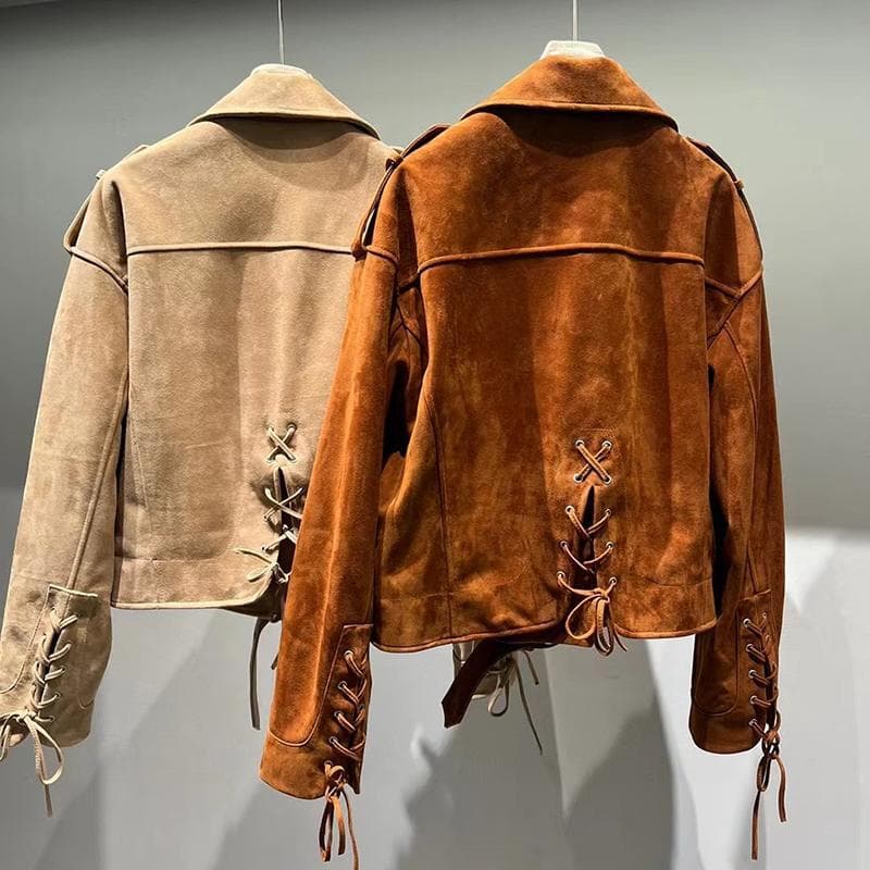 Qianying Baimei imported sheepskin anti-suede leather jacket women's high-end popular genuine leather jacket short diagonal zipper epaulette