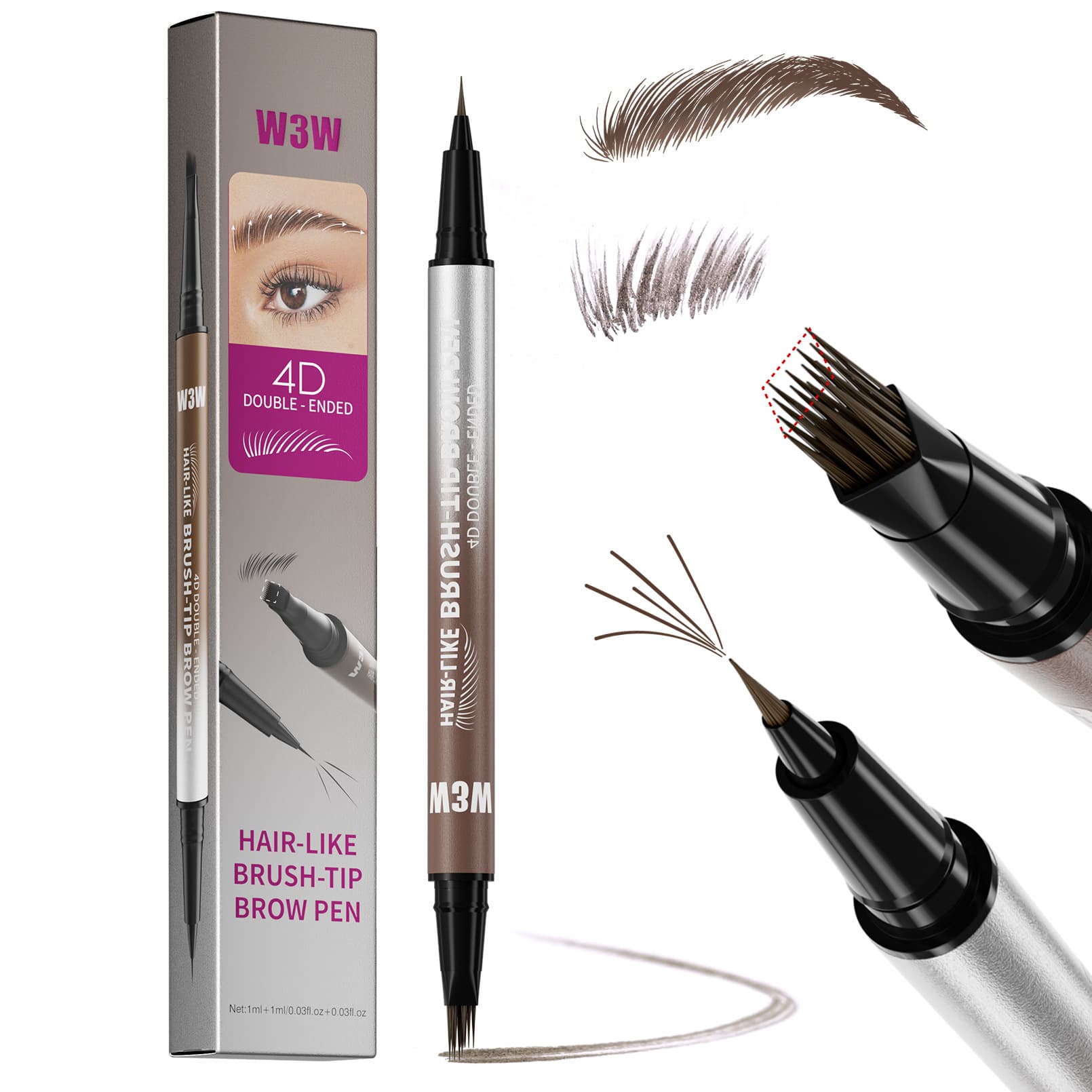 Amazon TK Hot-Selling W3W Dual-Head Brush Tip Eyebrow Pencil Waterproof Sweat-Proof Wild 4D Realistic 2-in-1 Liquid Eyebrow Pencil