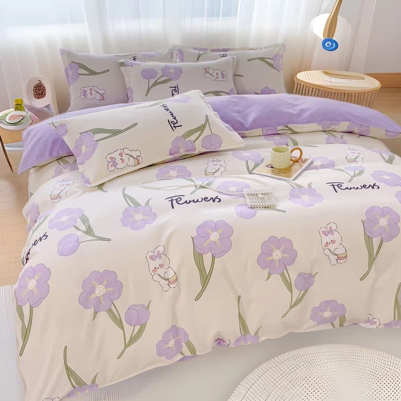 Class A Fresh Four-Piece Set, Simple and Skin-Friendly Brushed Bed Sheet, Thickened Washed Cotton Fitted Sheet, Duvet Cover and Pillowcases, Student 3-Piece Set