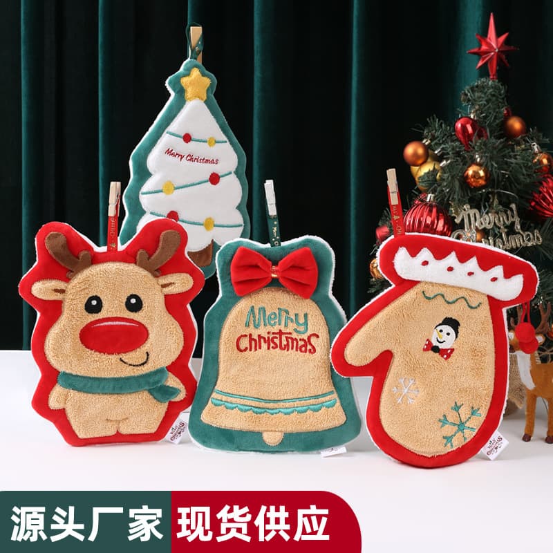 Christmas Hand Towel Hangable New Style Thick Coral Fleece Absorbent Quick-Dry Cloth Kitchen Embroidered Hand Towel