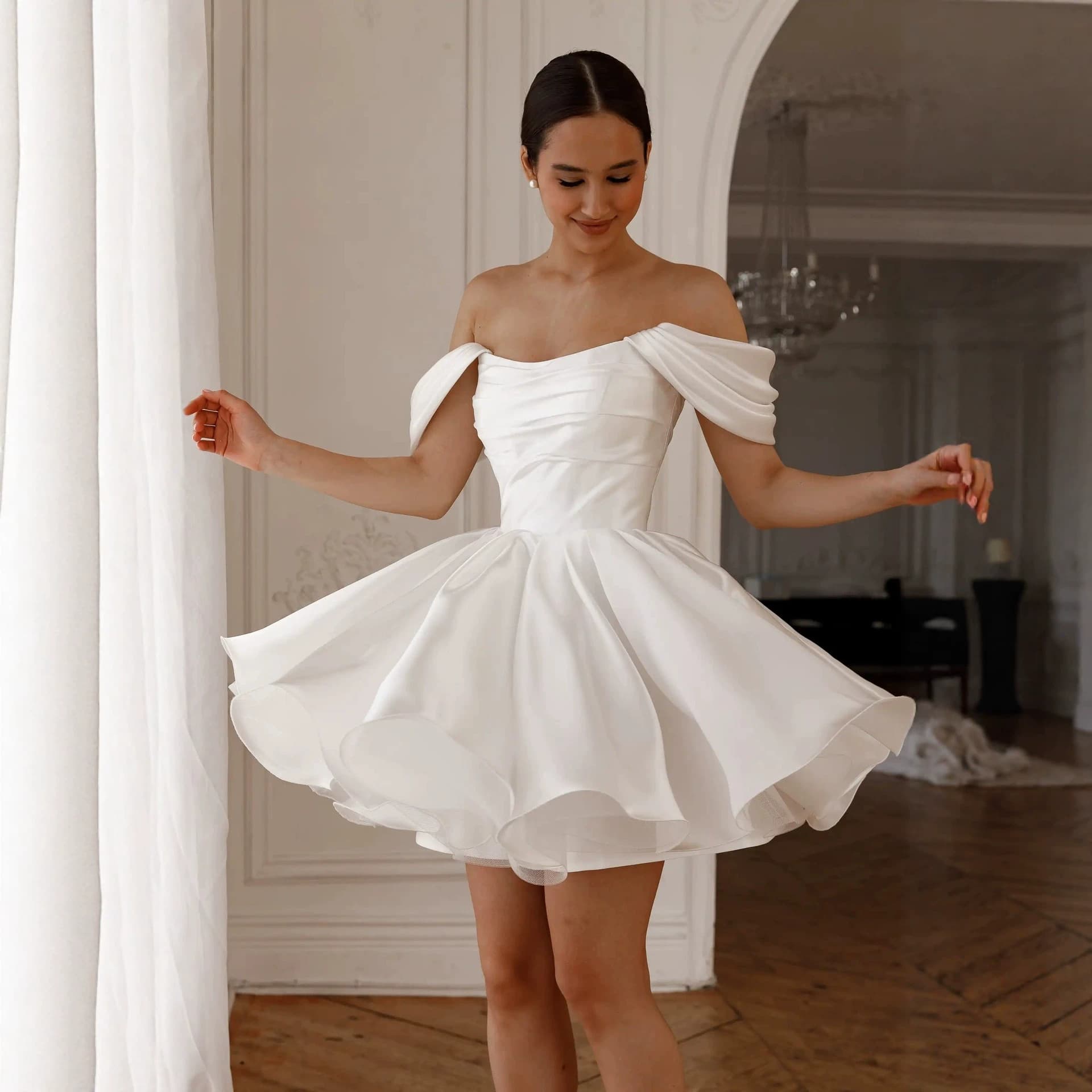 Cross-border White Party Gown Satin Waist New Short Prom Women's Banquet Dress