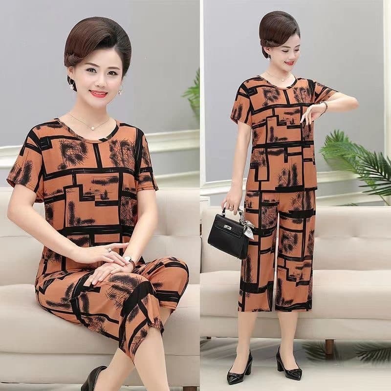 Middle-Aged Elderly Mother Set Summer Silk Sleepwear Women Homewear Short Sleeve Two-Piece Set Plus Size Loose Casual