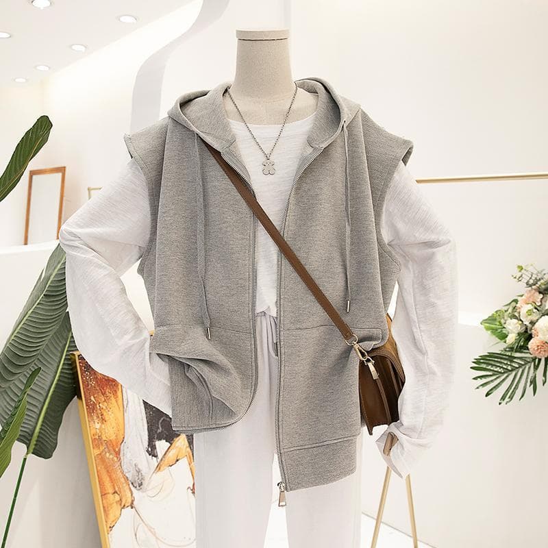 Spring and Autumn Design Hooded Cardigan Vest Jacket M2 Thin Women's Sleeveless Vest Top Loose Fit for Plus Size