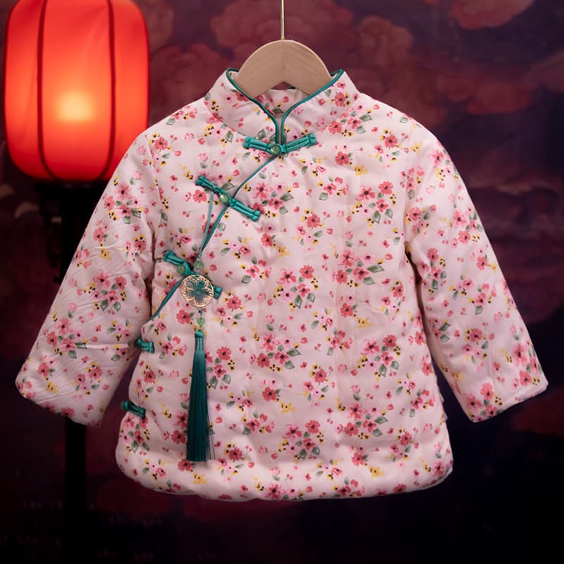 Children's Handmade Cotton Jacket Slant Opening Retro Cotton Coat Baby Girl Chinese Floral Print Frog Button Qipao Style Winter Thick
