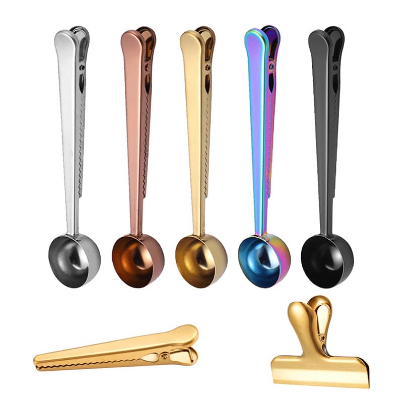 Cross-border 430 stainless steel coffee bean measuring spoon with clip, multi-functional milk powder scoop and sealing clip two-in-one