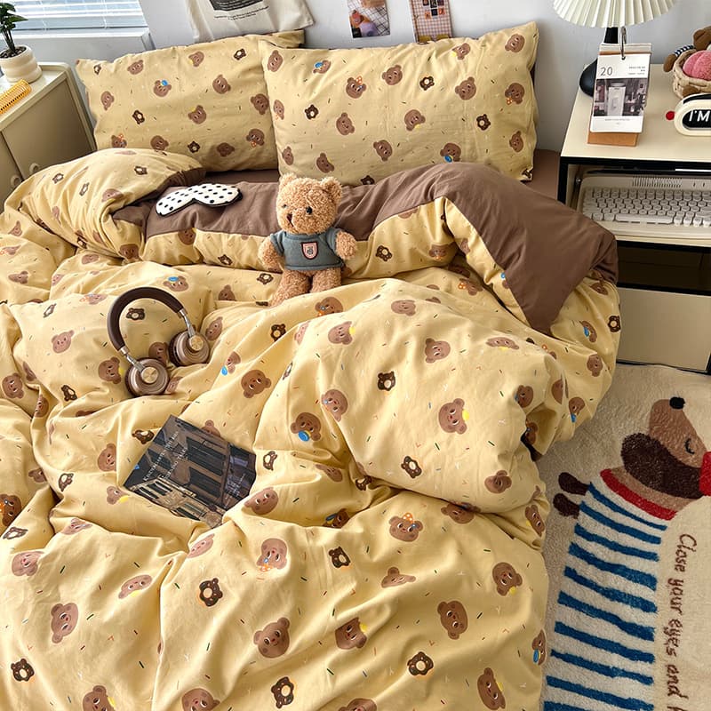 Spring and Summer 2025 Soft Skin-Friendly Washable Cotton Four-Piece Set Student Dormitory Cartoon Bear Quilt Cover Sheet Three-Piece Set