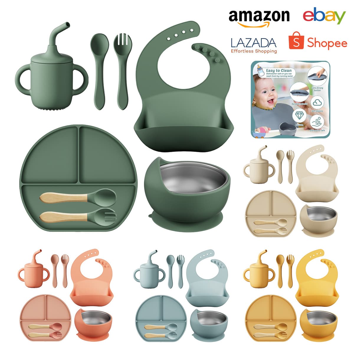 Children's silicone tableware 8-piece set baby eating spoon feeding tableware supplementary food bowl snail bowl bib set wholesale