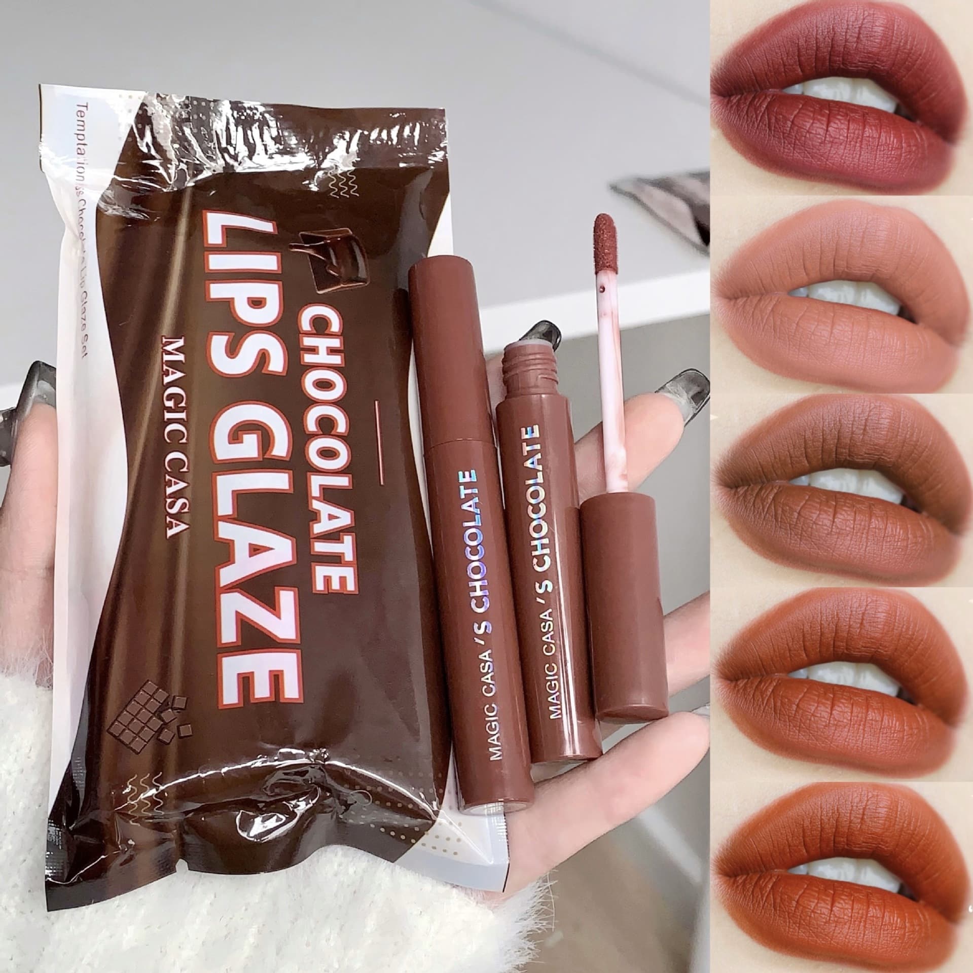 Cross-border bestseller MAGIC CASA Chocolate Five-Piece Lip Gloss Set: Matte, Long-Lasting Lipsticks for Female Students