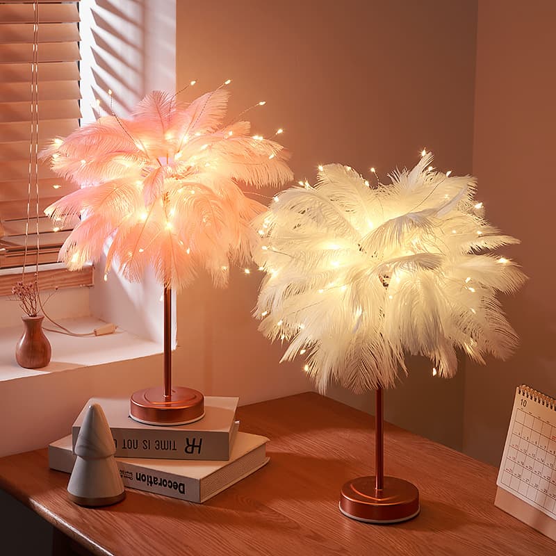 Trendy Feather Lamp Table Night Light for Girls, Live Streaming Ambience Light, Bedroom Room Decorative Lamp, Romantic Birthday Light
