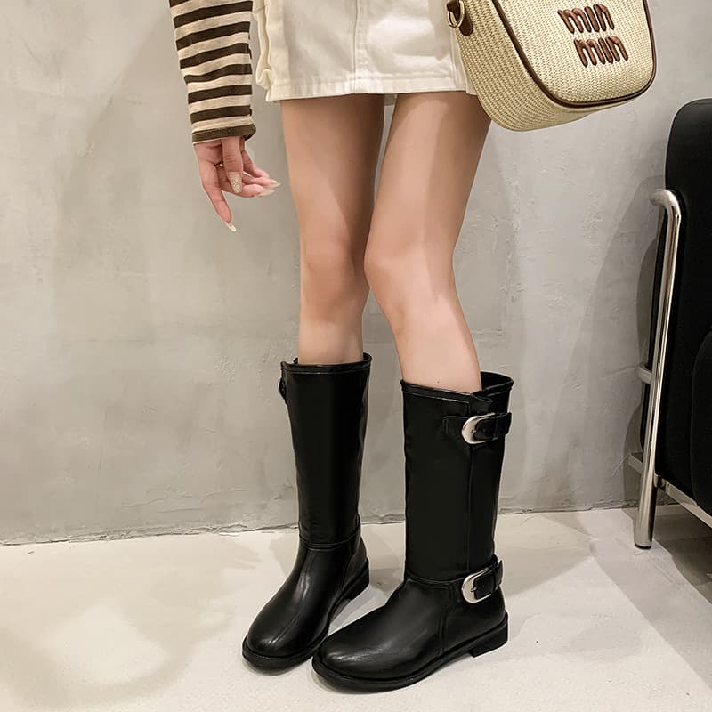 Vintage Round Toe Boots, Trendy Knight Buckle New Design Mid-Calf Boots 2026, Stacked Metal Soft Leather Chunky Heel Long Boots