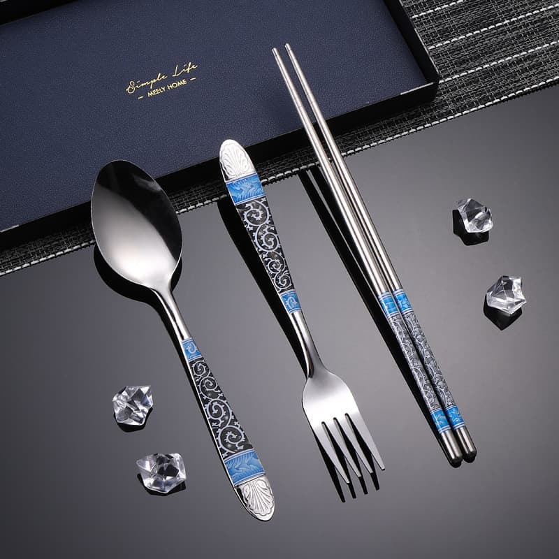 Factory Direct Retro Pattern Fork Spoon Chopstick Set Creative Dessert Fruit Fork Cafeteria Stainless Steel Spoon Chopsticks