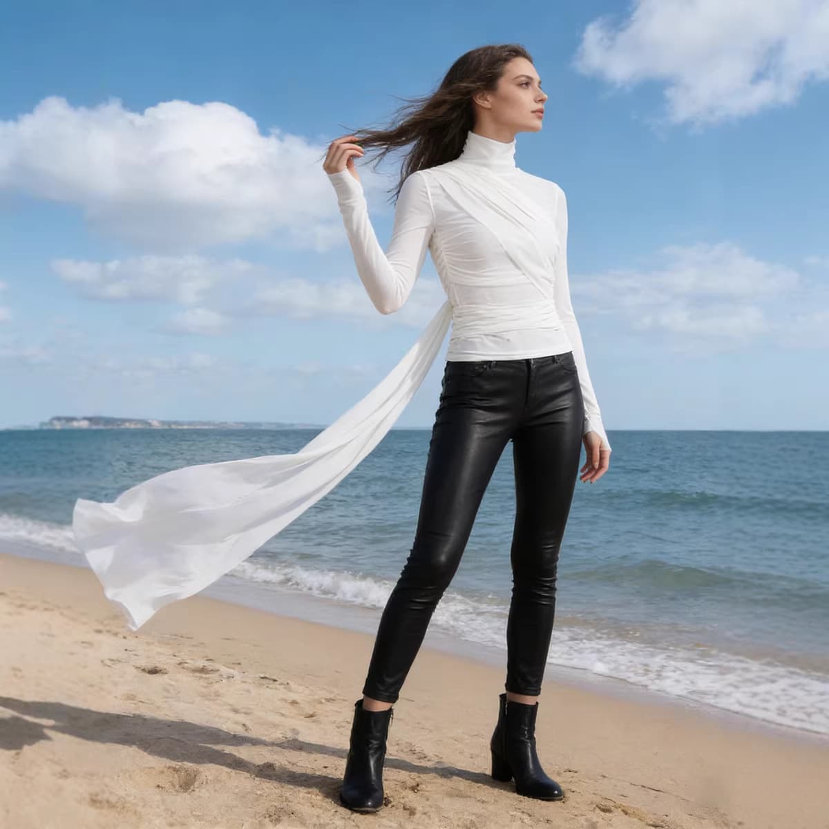 2026 Fall New Arrival High-End Fashion Versatile Slimming Top with Ribbon Long Sleeve High Neck Spliced T-Shirt for Women